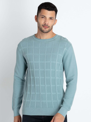 Status Quo Solid Round Neck Casual Men Blue Sweater