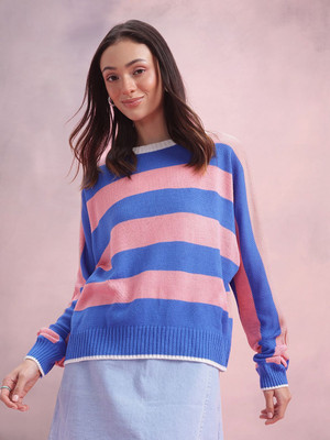 Dressberry Striped Round Neck Casual Women Pink Sweater