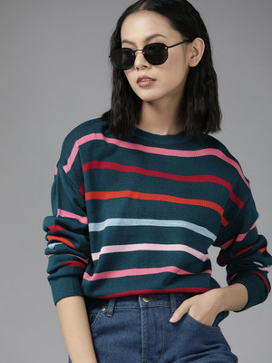 Roadster Striped Round Neck Casual Women Blue Sweater