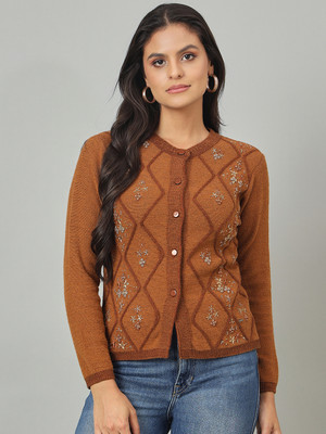 DUKE Self Design Round Neck Casual Women Brown Sweater