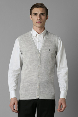LOUIS PHILIPPE Self Design V Neck Casual Men Grey Sweater