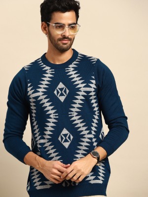 ANOUK Printed Round Neck Casual Men Blue Sweater