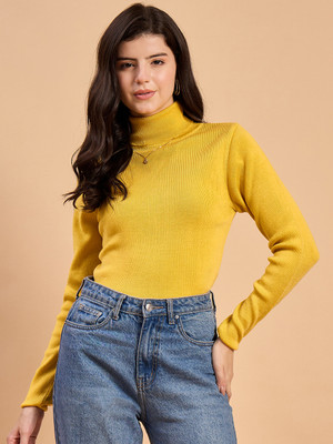 RVK Self Design High Neck Casual Women Yellow Sweater