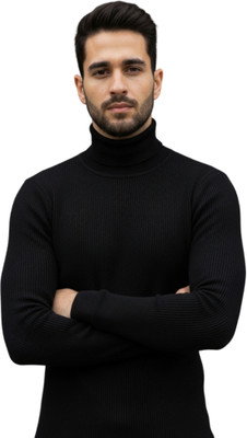 Zeffit Solid Turtle Neck Casual Men Black Sweater