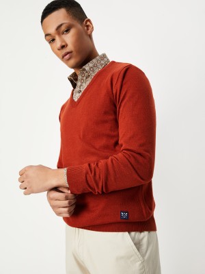 MAX Solid Round Neck Casual Men Orange Sweater