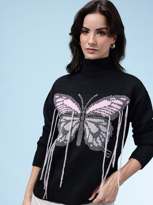 Glitchez Embellished Turtle Neck Casual Women Black Sweater