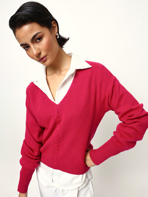 High Star Self Design V Neck Casual Women Pink Sweater