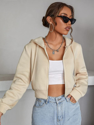 SCUBEL Solid Hooded Neck Casual Women Beige Sweater