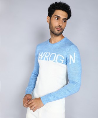 WROGN Colorblock Round Neck Casual Men Blue, White Sweater