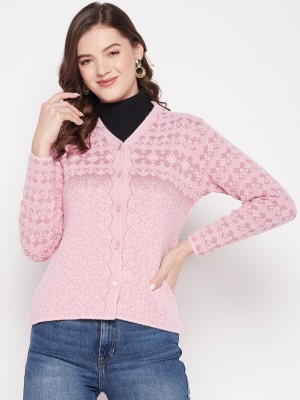 Zigo Self Design V Neck Casual Women Pink Sweater