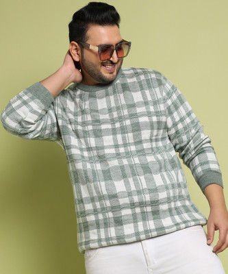 Instafab Plus Checkered Round Neck Casual Men Green Sweater