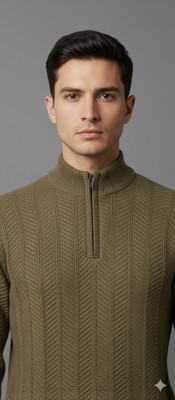 klein blue Self Design Mandarin Neck Casual Men Brown Sweater