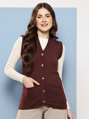 METRONAUT Self Design V Neck Casual Women Brown Sweater