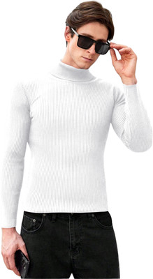 NATRIS Solid High Neck Casual Men White Sweater