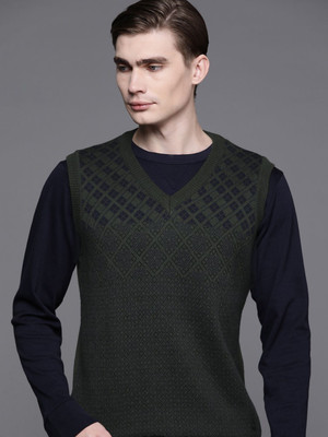 Raymond Solid V Neck Casual Men Dark Green Sweater