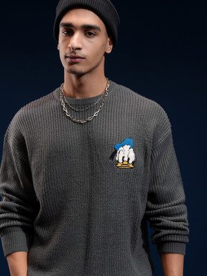 HIGHLANDER Self Design Round Neck Casual Men Grey Sweater