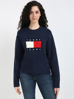 TOMMY HILFIGER Applique Round Neck Casual Women Dark Blue Sweater