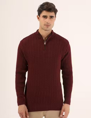 kveto Self Design High Neck Casual Men Maroon Sweater
