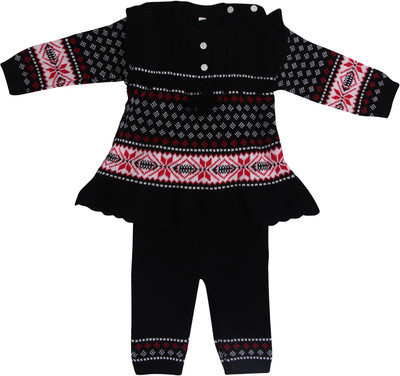 SwellSwag Printed Round Neck Casual Baby Girls Black Sweater