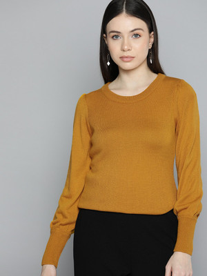 CHEMISTRY Printed Round Neck Casual Women Yellow Sweater