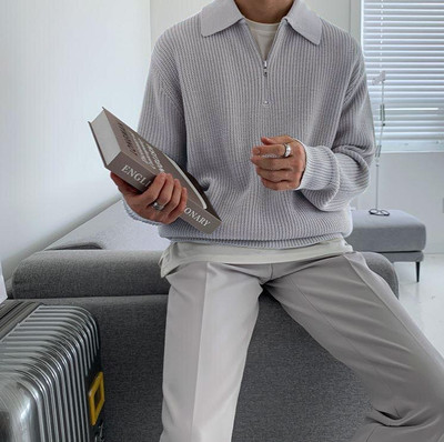 Eddicted Self Design Collared Neck Casual Men Grey Sweater