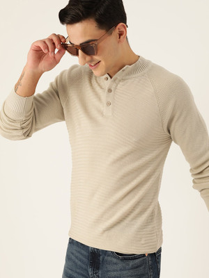 Mast & Harbour Solid Scoop Neck Casual Men Beige Sweater