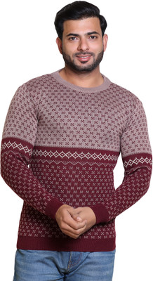 Grand Line Self Design Round Neck Casual Men Maroon Sweater