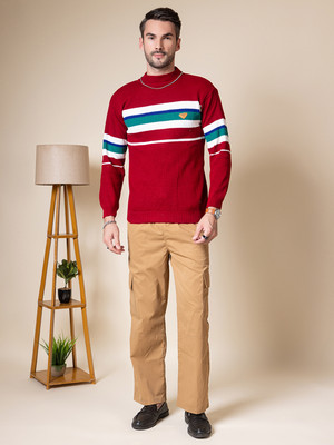 Wearlusso Colorblock Round Neck Casual Men Red Sweater
