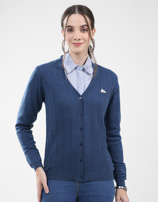 MONTE CARLO Self Design V Neck Casual Women Blue Sweater