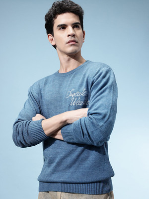 Glitchez Solid Round Neck Casual Men Blue Sweater