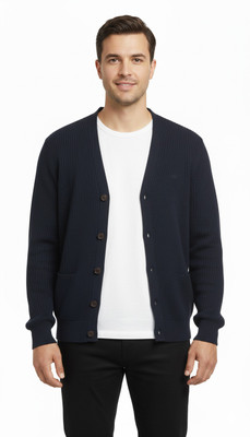 VOMAZO Solid V Neck Formal Men Dark Blue Sweater