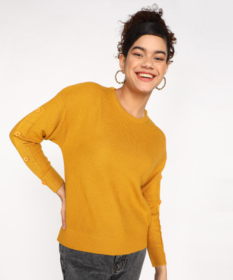 NUMERO UNO Self Design Crew Neck Casual Women Yellow Sweater
