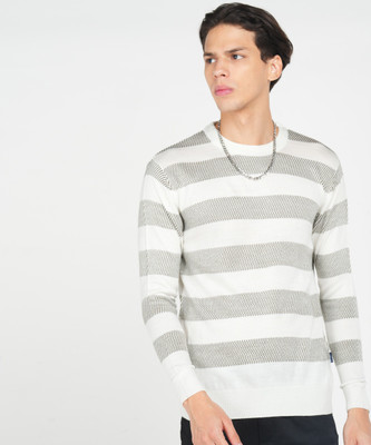 NUMERO UNO Striped Round Neck Casual Men White Sweater
