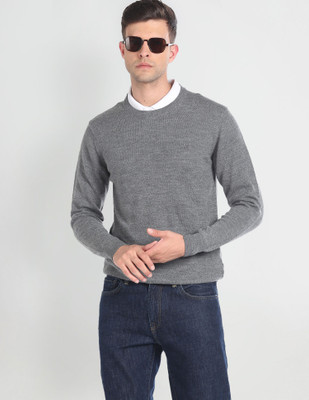 ARROW Solid Crew Neck Casual Men Grey Sweater