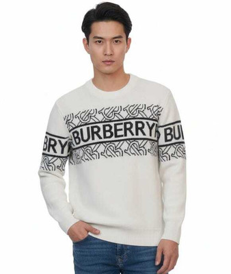 BERBERRY Printed Round Neck Casual Men Reversible White, Black Sweater