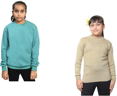 KAVYA Solid Round Neck Casual Girls Light Blue, Beige Sweater