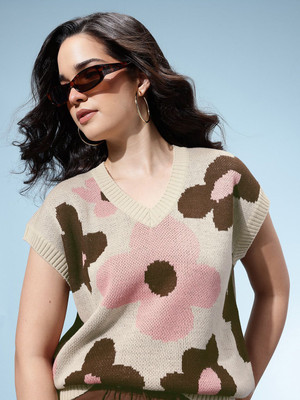 Glitchez Self Design V Neck Casual Women Beige Sweater