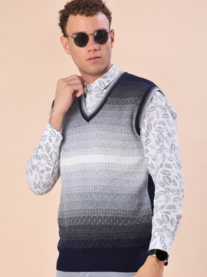 V-MART Geometric Print V Neck Casual Men Blue Sweater