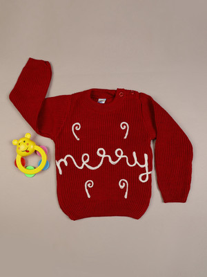 V-MART Self Design, Printed Round Neck Casual Baby Girls Red Sweater
