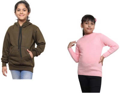 KAVYA Solid Round Neck Casual Girls Dark Green, Pink Sweater