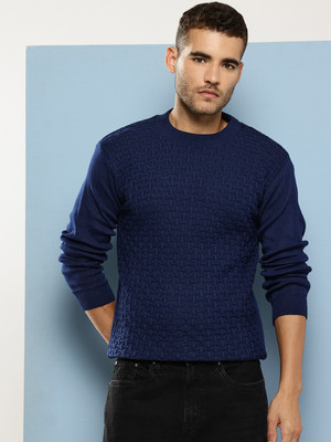 MUHURATAM Self Design Round Neck Casual Men Dark Blue Sweater