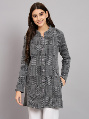 eWools Checkered Collared Neck Casual Women Grey Sweater