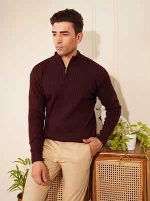 KVETOO Solid Collared Neck Casual Men Maroon Sweater