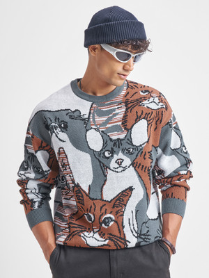 HIGHLANDER Printed Round Neck Casual Men Brown, Grey Sweater