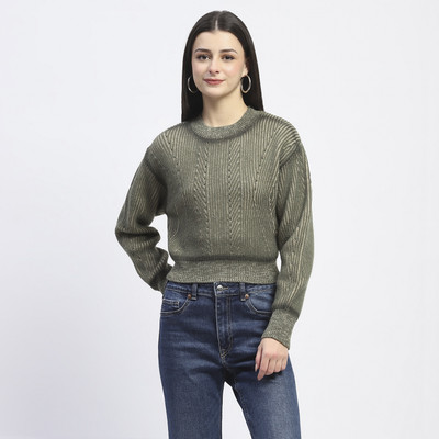 MADAME Geometric Print Crew Neck Casual Women Green Sweater