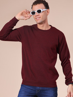 V-MART Solid Round Neck Casual Men Maroon Sweater