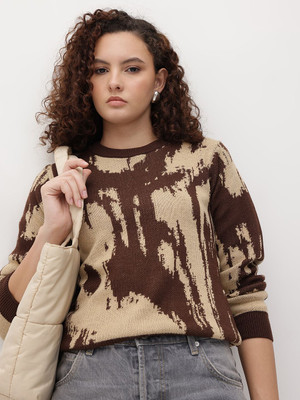 Roadster Self Design Round Neck Casual Women Brown Sweater