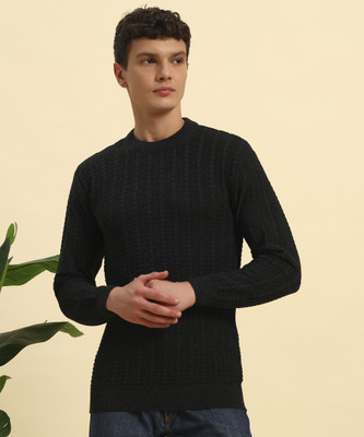 HERMISTON Self Design Round Neck Casual Men Black Sweater