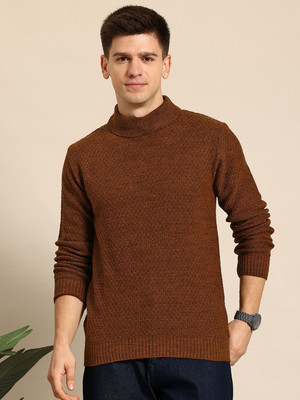 Mast & Harbour Solid Turtle Neck Casual Men Brown Sweater