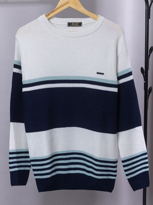 WAY TO TRENDY Striped Round Neck Casual Men Dark Blue Sweater